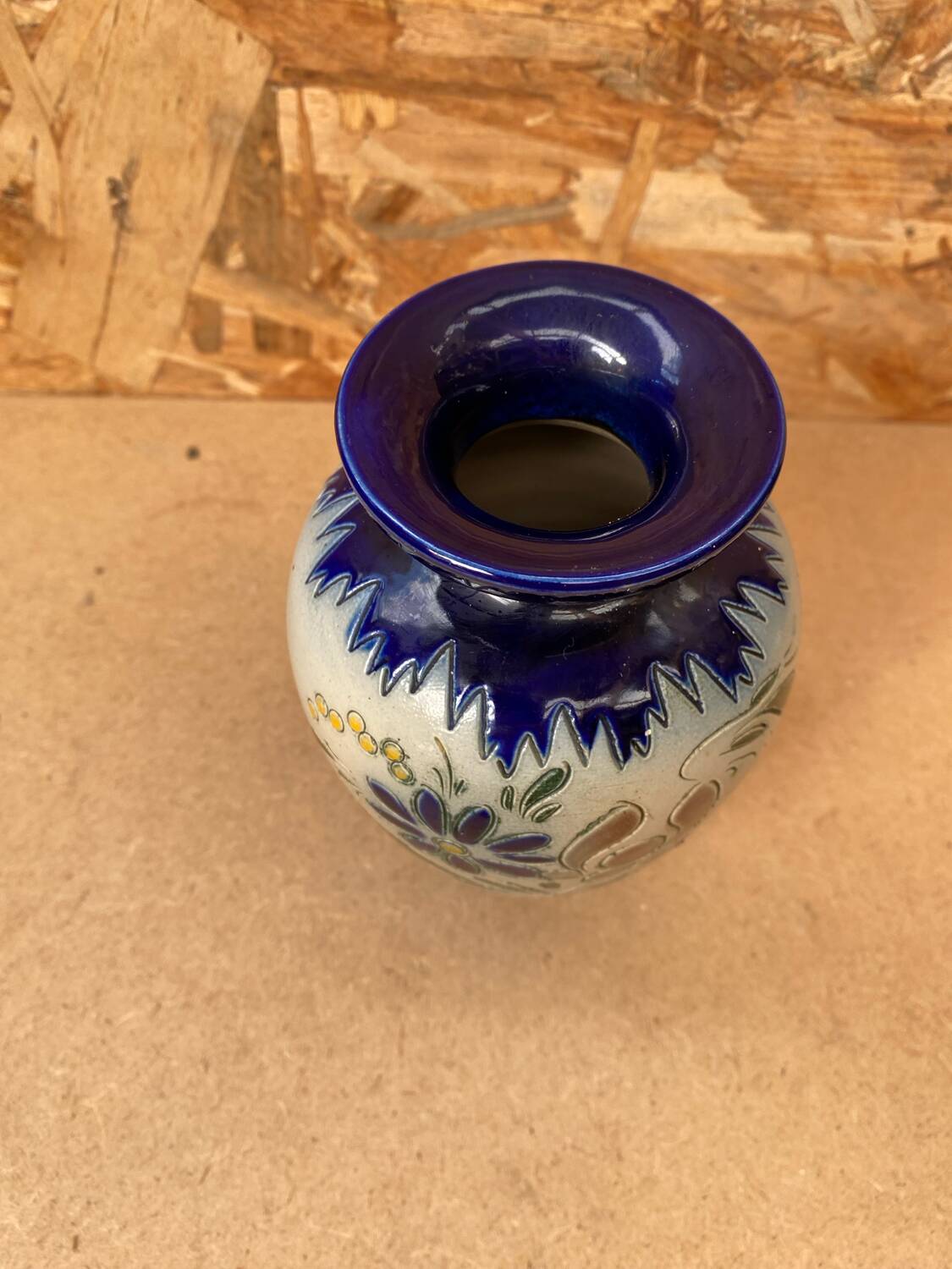 Ancien vase soliflore betschdorf schmitter grès bleu décor fleurs vintage #b647