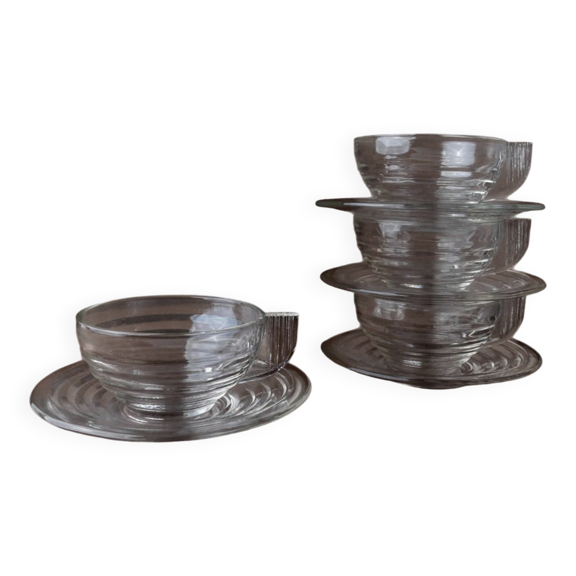 4 tasses en verre transparent avec soucoupes et embossage strié – Art Déco Italie années 1960, ensemble de vaisselle à thé élégant