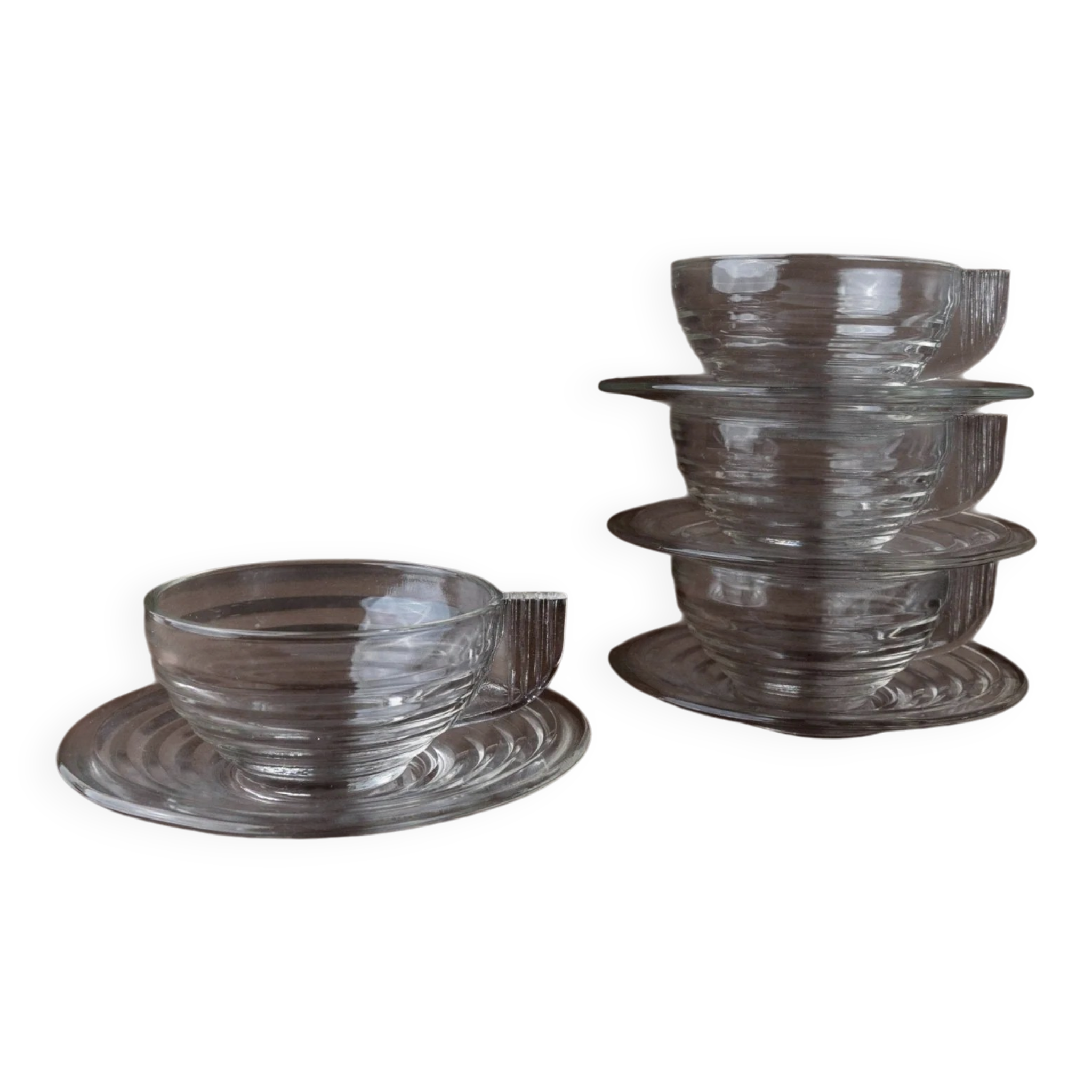 4x Transparent Glass Cups and Saucers with Grooved Embossing – Art Deco Italy 1960s, Elegant Tea Glassware Set