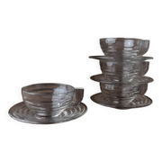 4x Transparent Glass Cups and Saucers with Grooved Embossing – Art Deco Italy 1960s, Elegant Tea Glassware Set