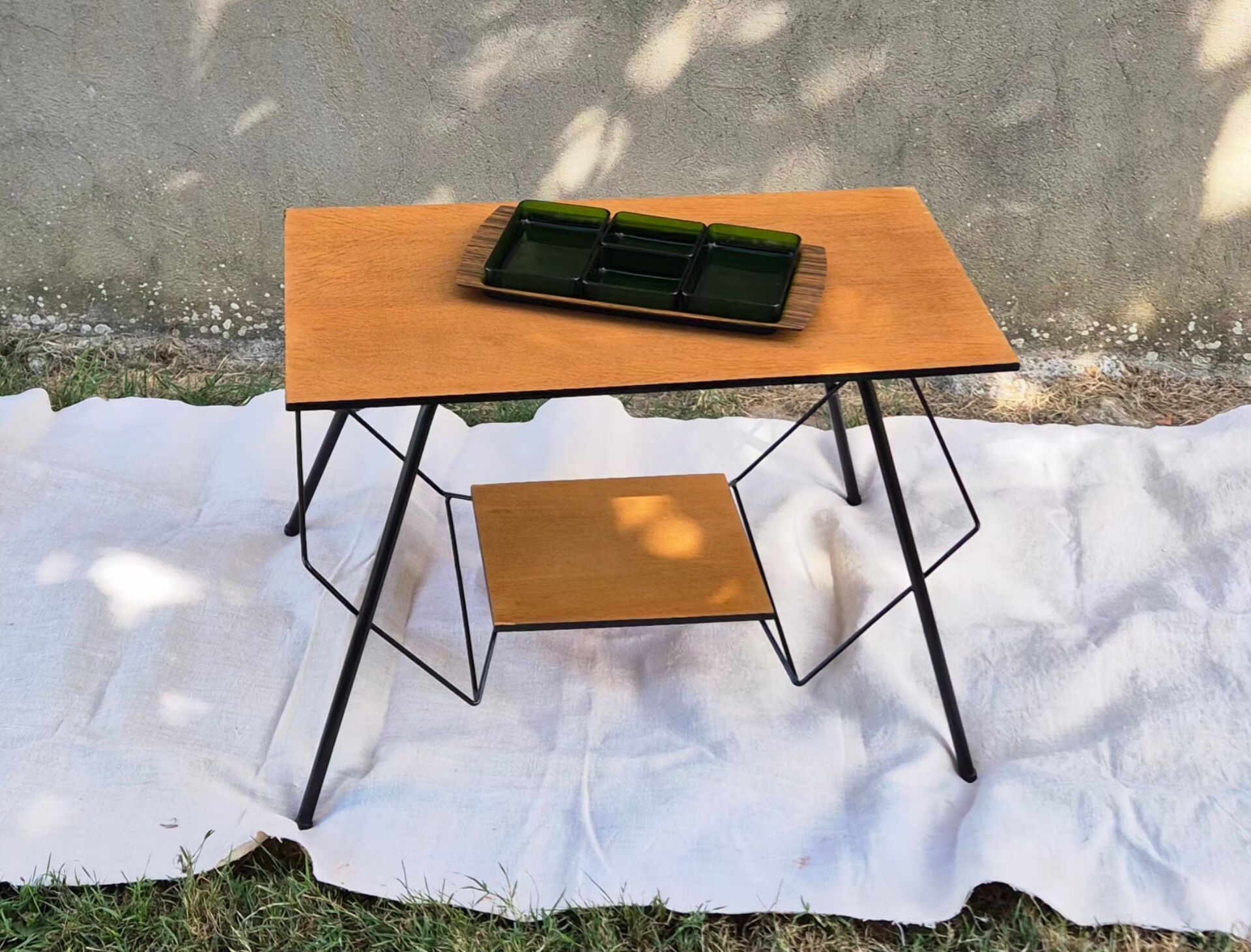 Small table, vintage Scandinavian TV unit in metal and wood, renovated.