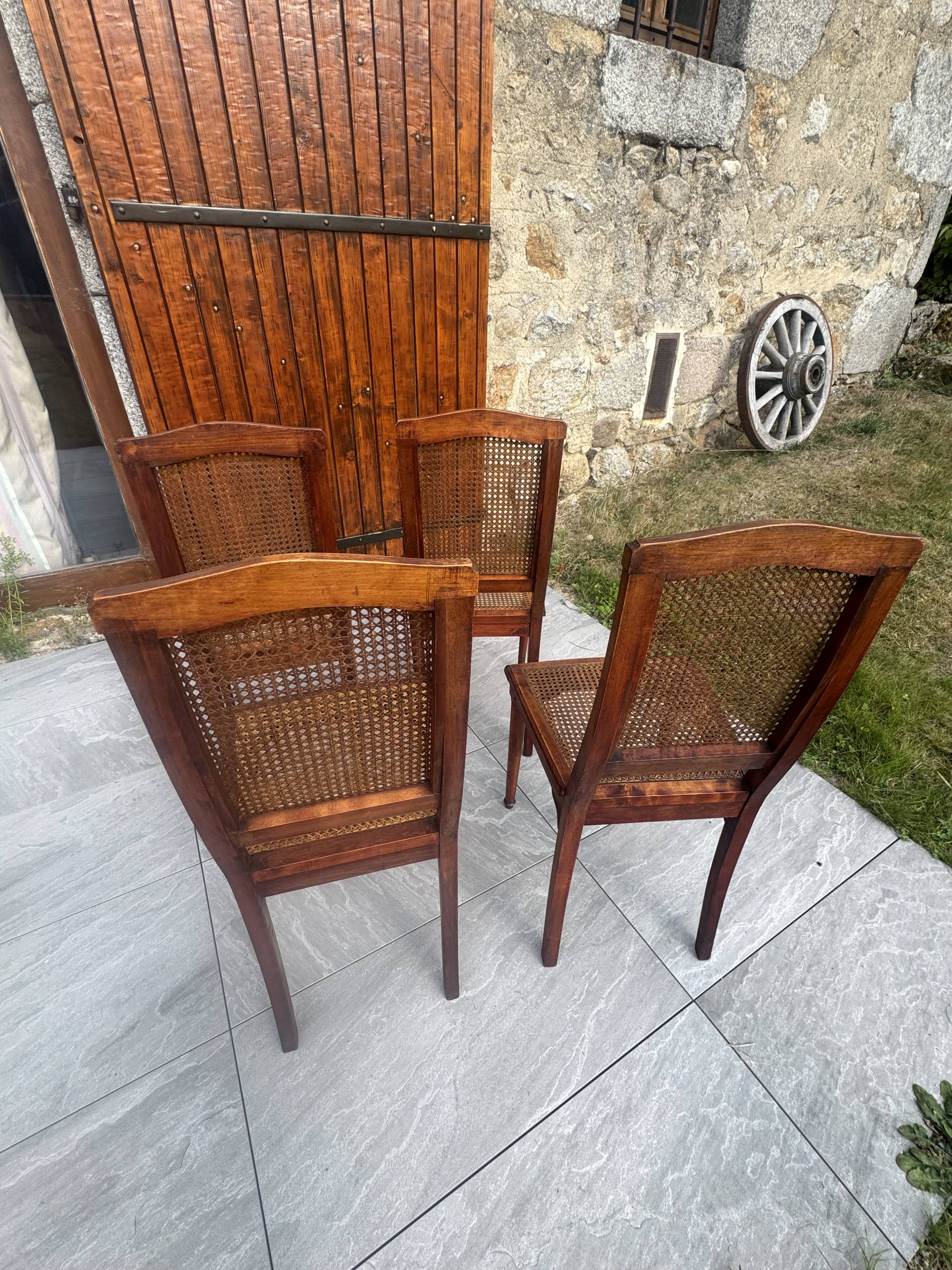 Set of four antique Louis XVI style chairs, wood and cane