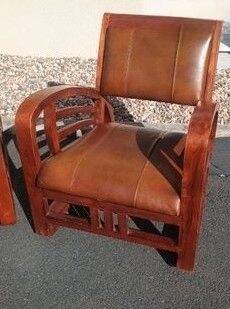 Pair of Club Ship Chairs Art Deco – Solid Wood & Brown Leather/Leatherette