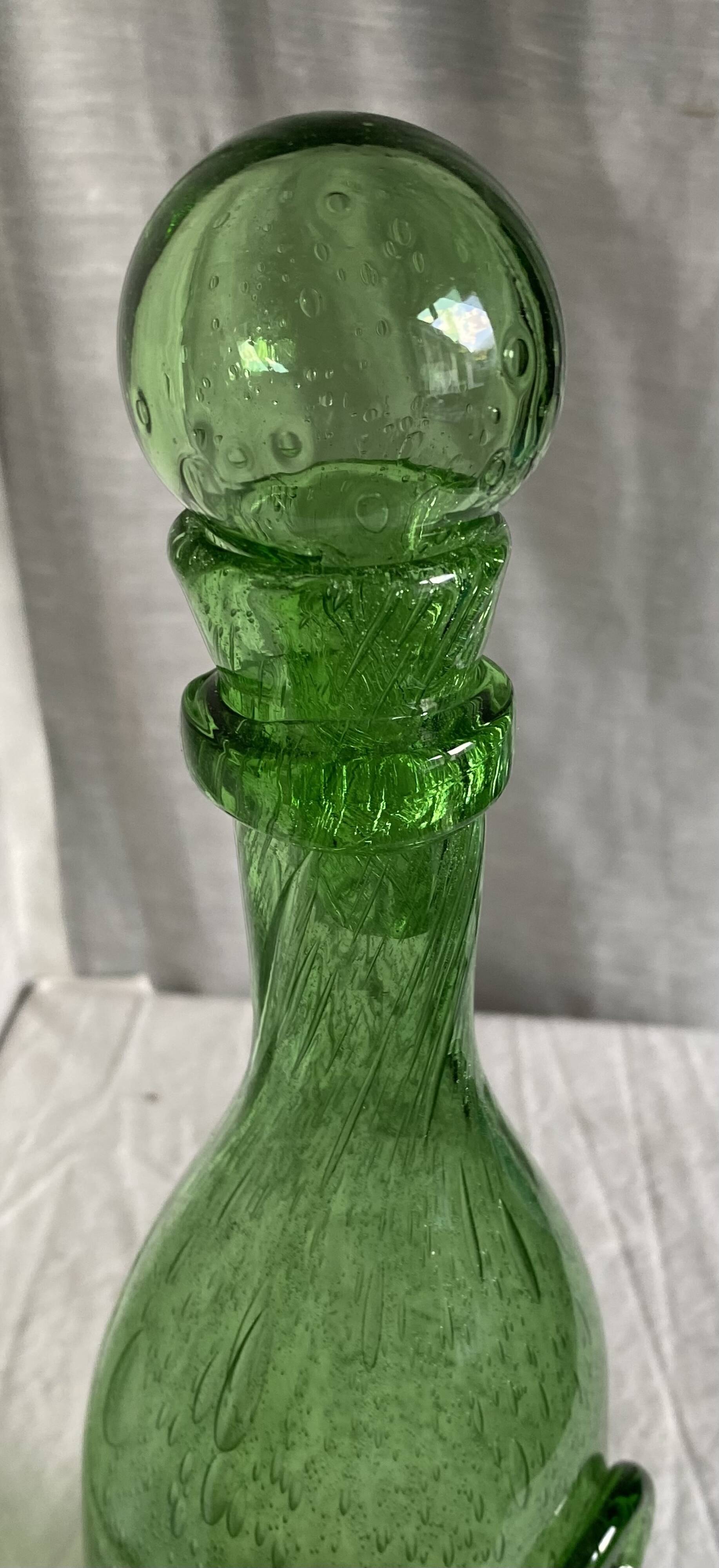Biot-signed bubble glass bottle, green carafe