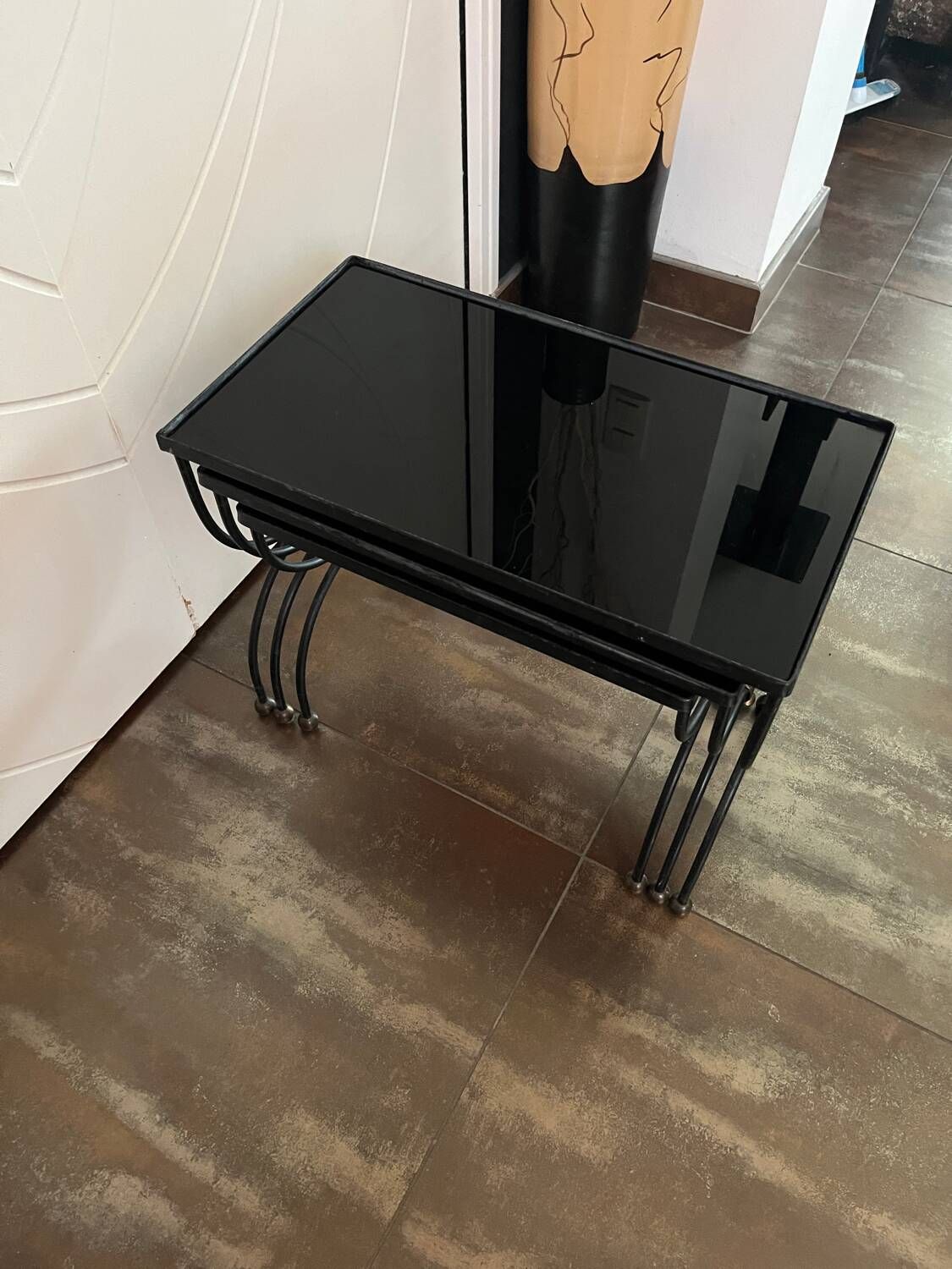 3 nesting tables 1950 Jean Royère wrought iron black opaline vintage