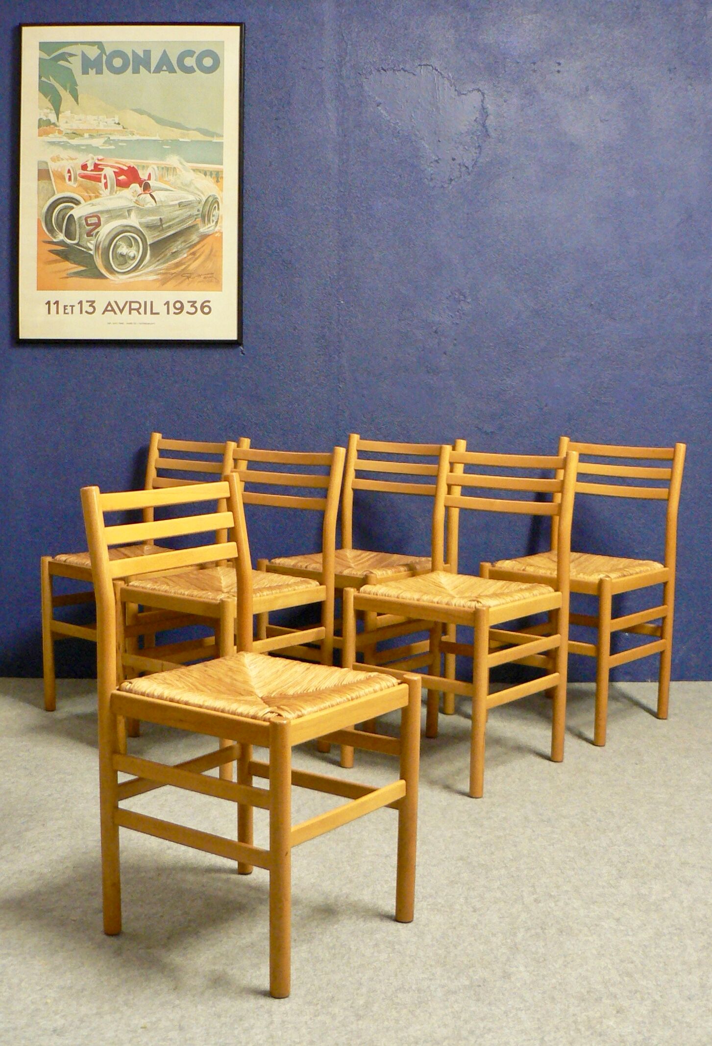 Suite of 6 beech and straw chairs by Pierre Gautier Delaye