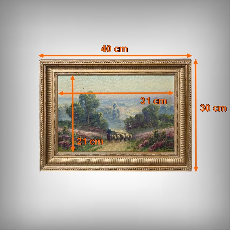 Painting "Shepherdess and her Flock", oil on panel signed G. Corbier – early 20th century
