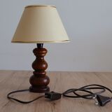 Vintage table lamp in turned wood and fabric lampshade