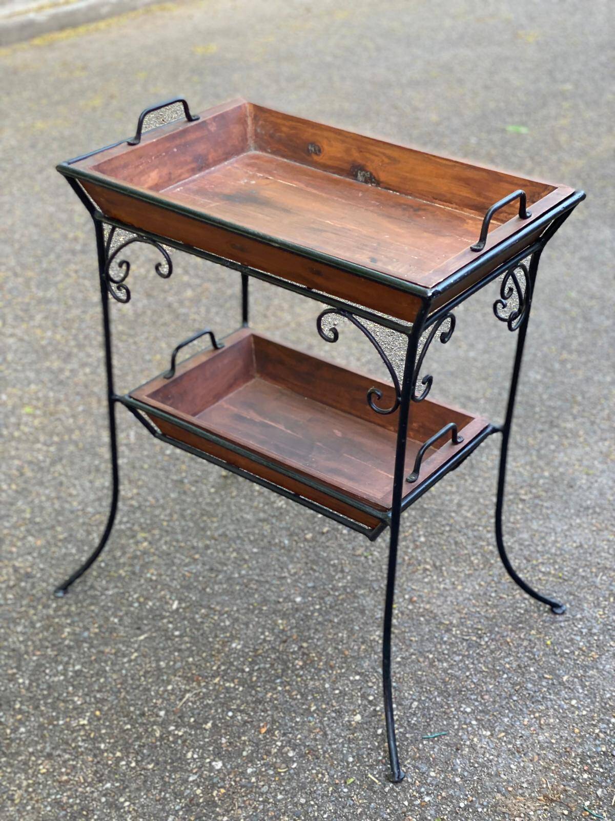 Vintage dessert table in wrought iron and solid wood with double top.