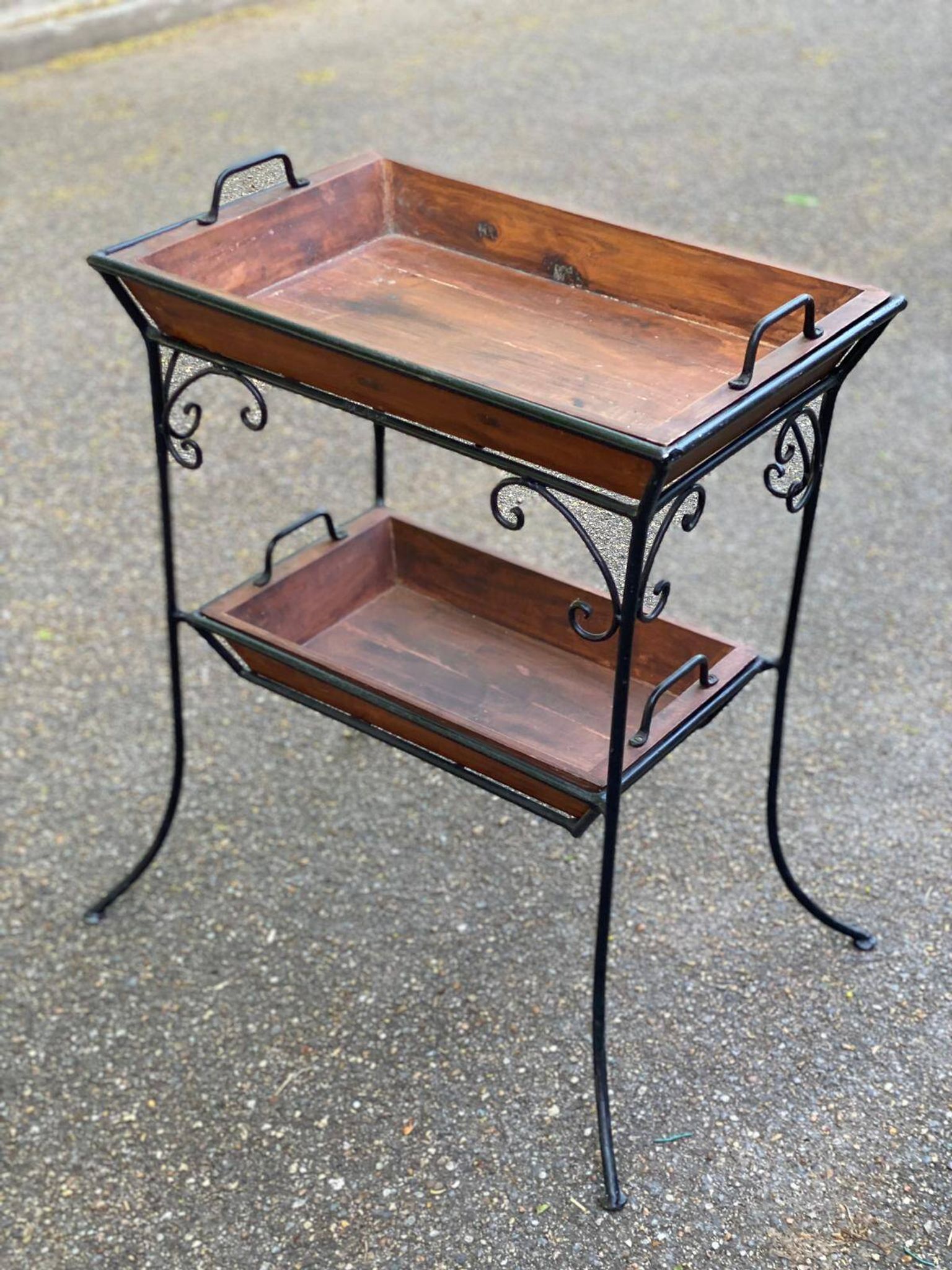 Vintage dessert table in wrought iron and solid wood with double top.