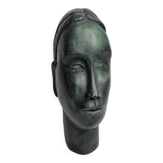 Stylized female head in terracotta, modernist style, signed, 23 cm