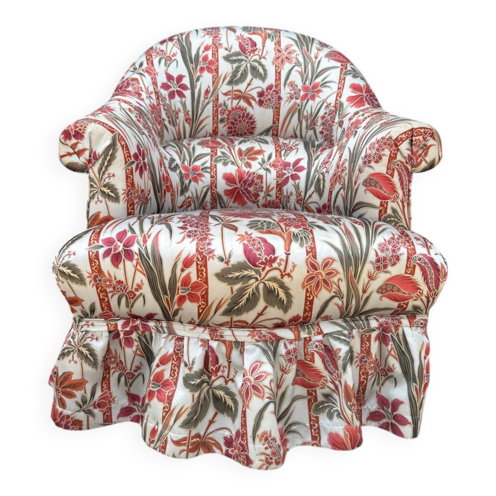 Fauteuil crapaud satin fleuri ancien