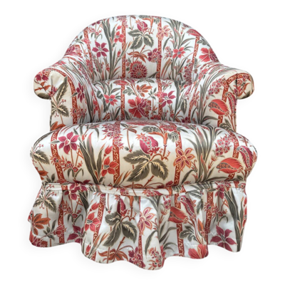 Fauteuil crapaud satin fleuri ancien