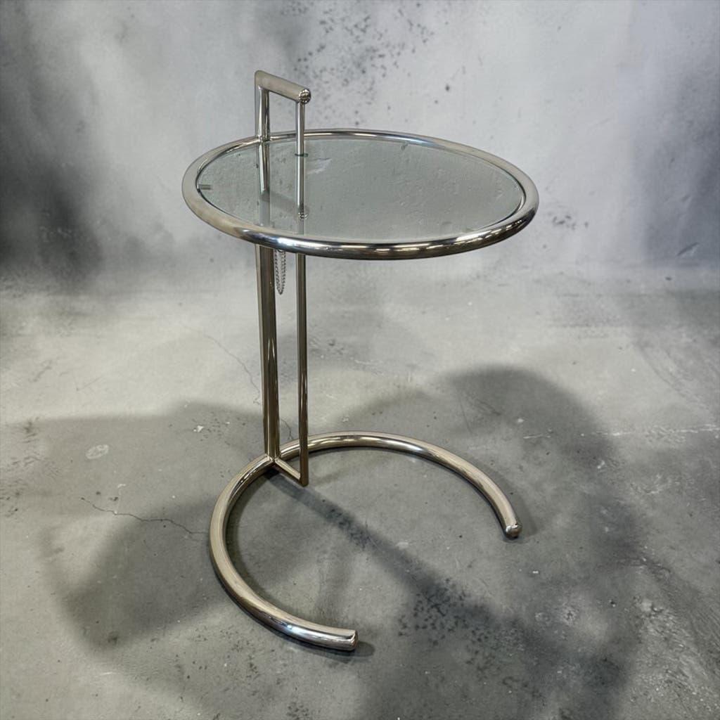 Vintage adjustable chrome side table with smoked glass.