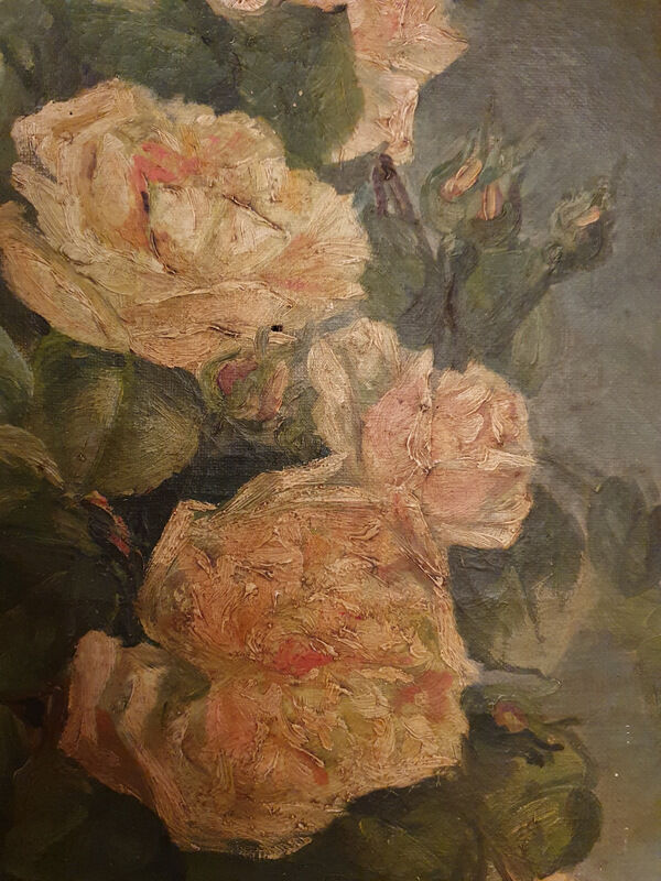 Oil On Ancient Canvas Bouquet De Roses