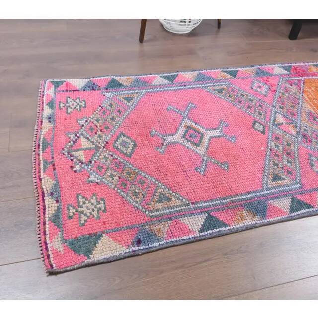 Vintage Turkish Oushak Handmade Cotton Pink Wool Runner Rug 79x362