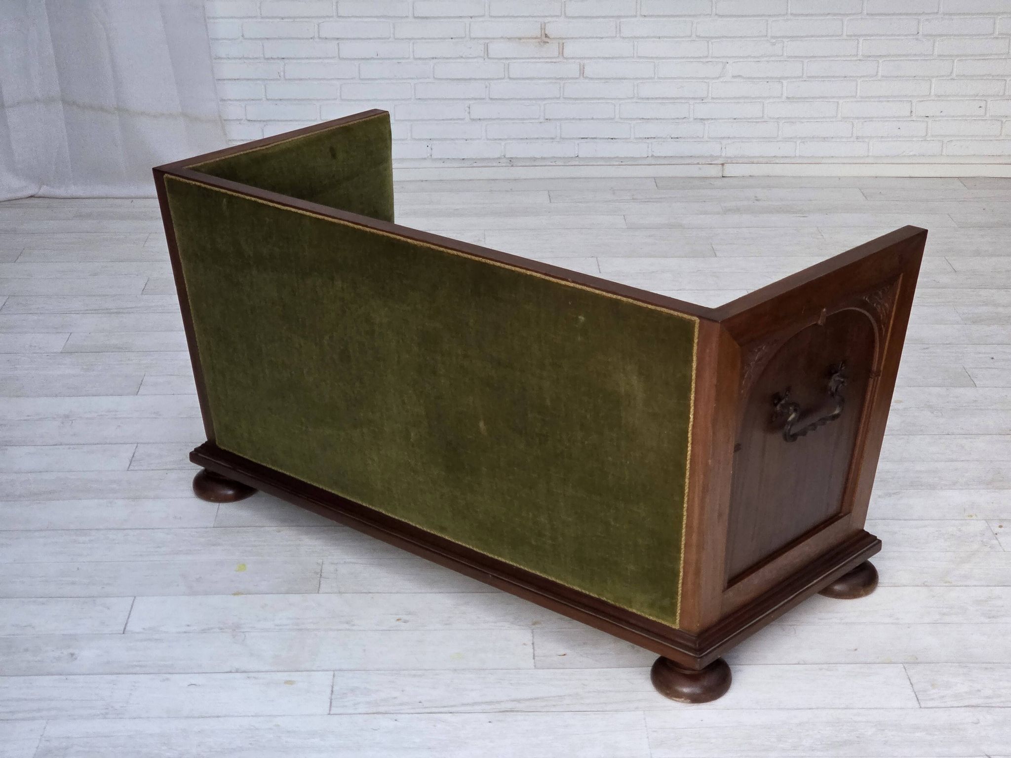 1950s, Danish 2-seater sofa, original green furniture velour, oak wood.