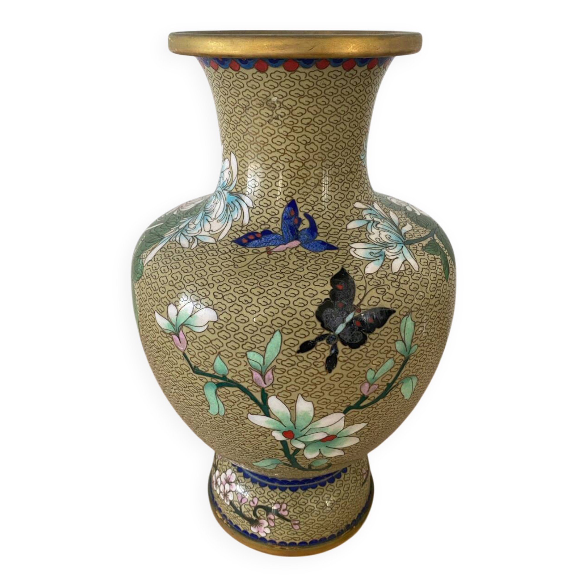 Chinese cloisonné vase decorated with flowers and butterflies.