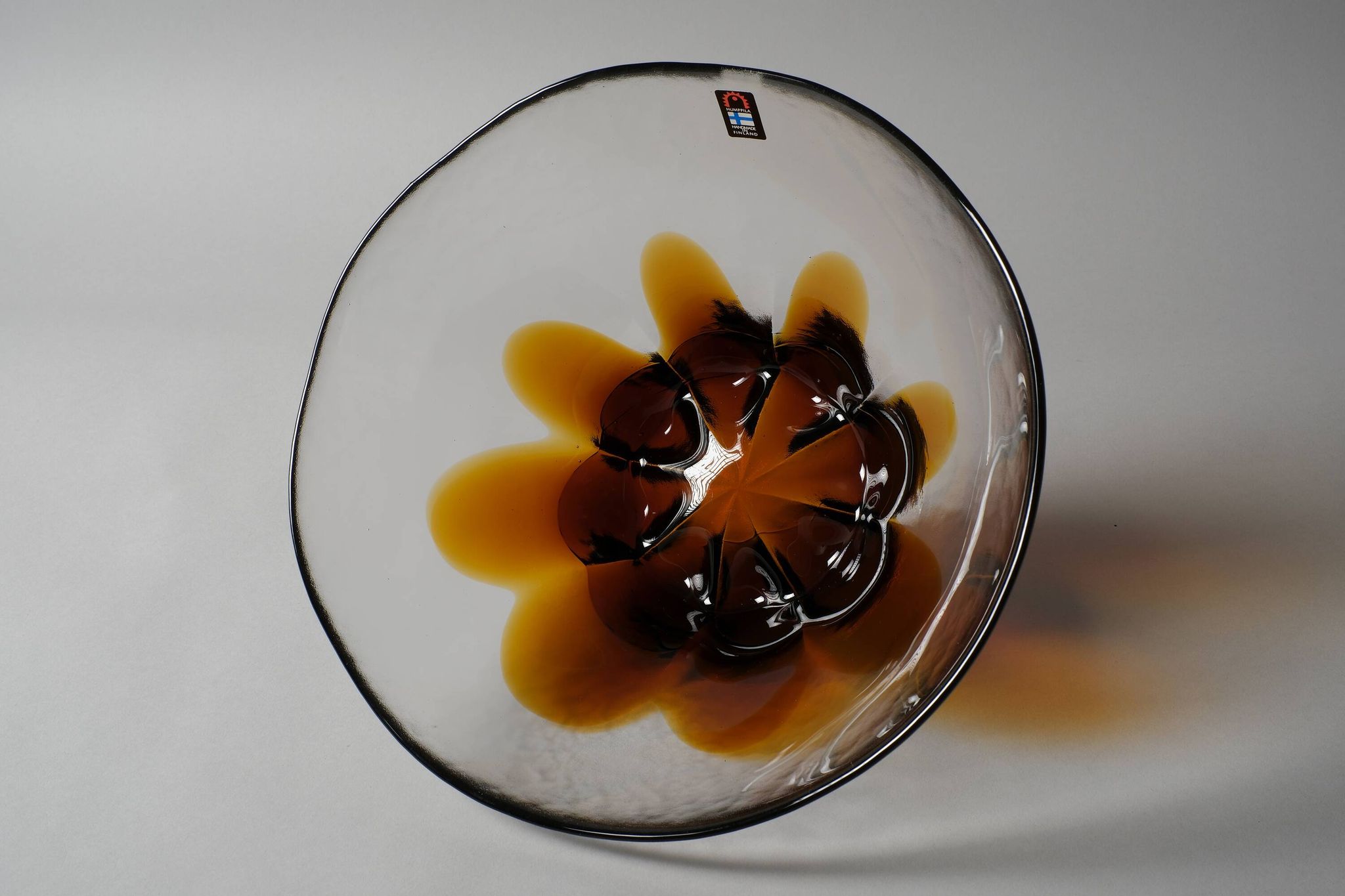 Humppila Finland Amber Art Glass Bowl, MCM Petal Sunburst Design, 1970s.