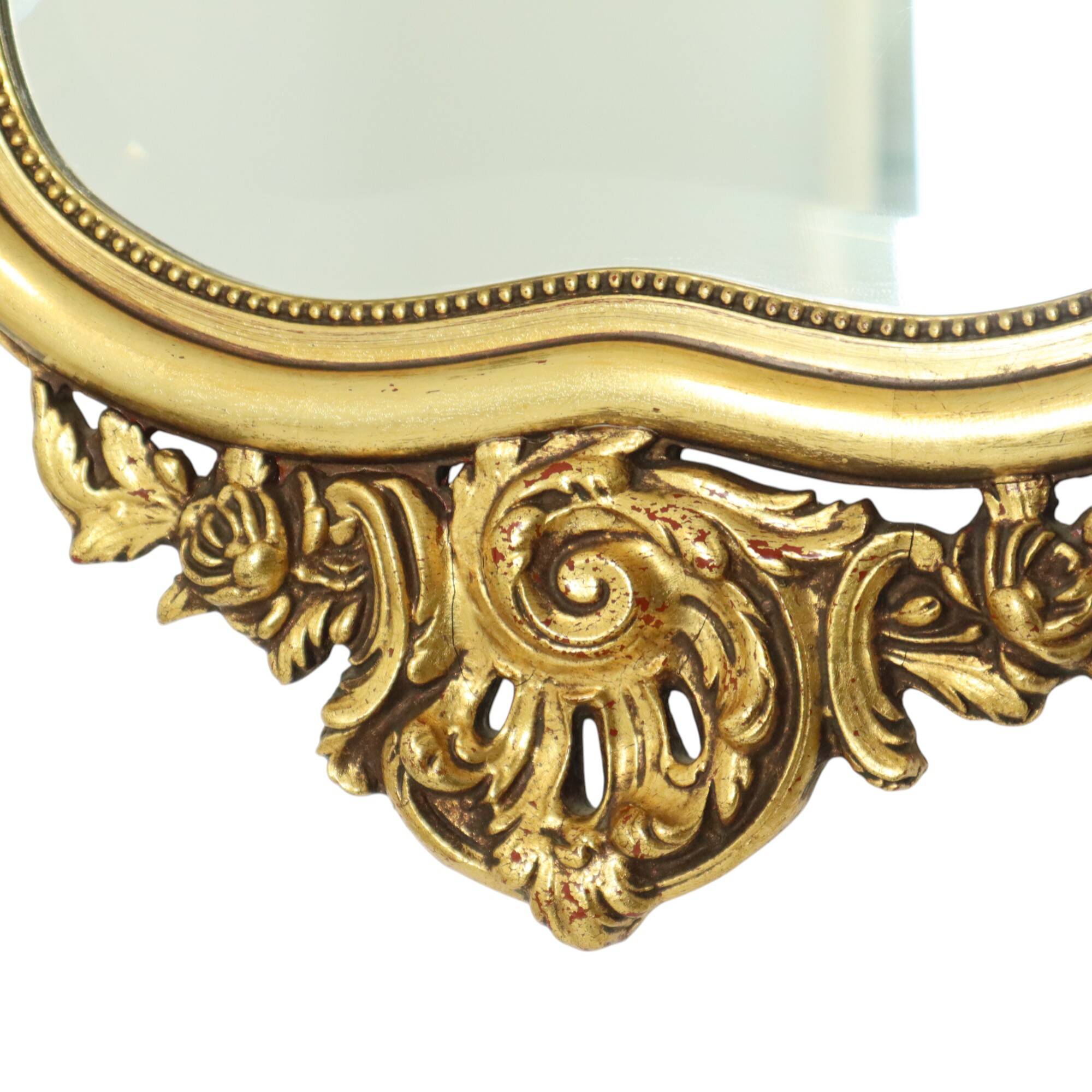 French Gold Leaf Gilded Crested Mirror Baroque Style Facet 84cm
