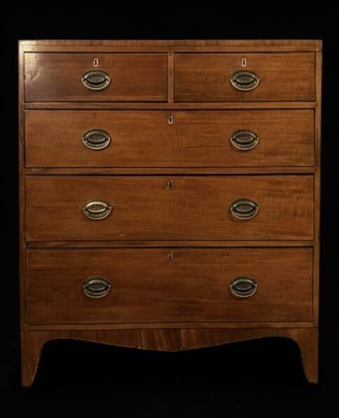 George III English Commode in Mahogany and Burl, Stretcher Feet – 19th Century