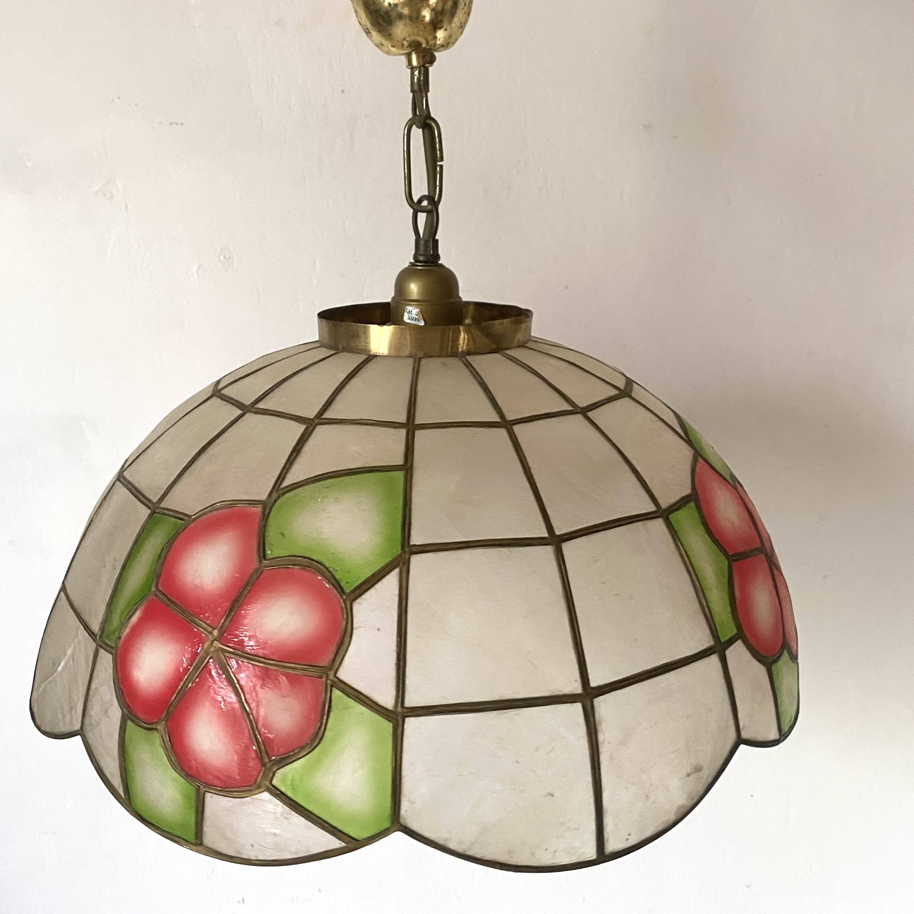 Vintage mother-of-pearl and brass flower pendant light