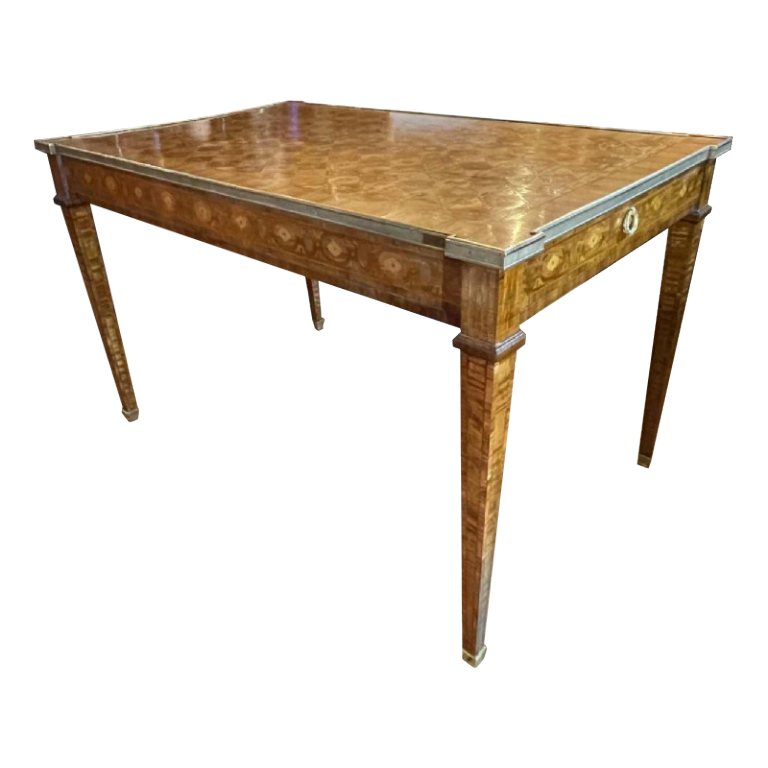 Louis XVI Directoire desk table richly inlaid, brass belt and 2 drawers, 19th century