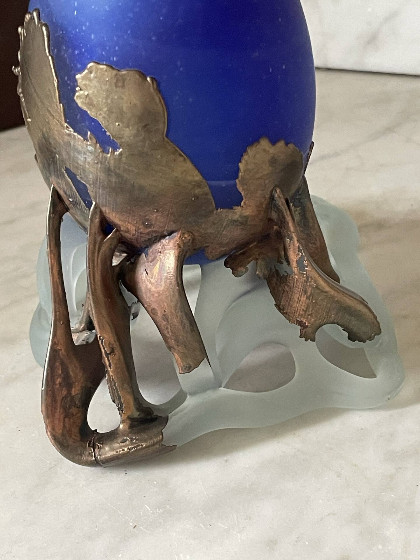 glass paste vase signed, bronze mount