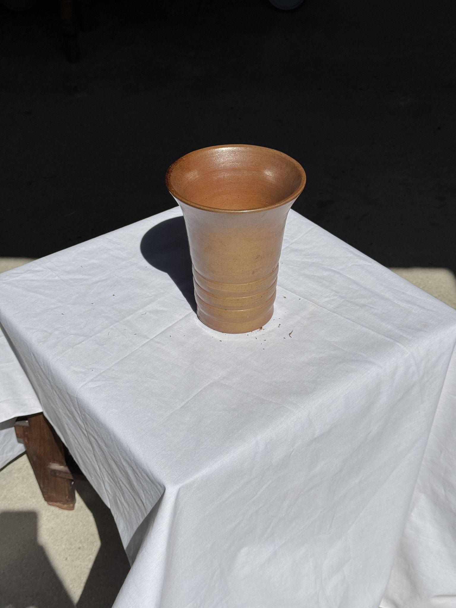 Vintage ceramic vase in glazed brown-orange with stripes H21.5 D19