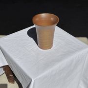 Vintage ceramic vase in glazed brown-orange with stripes H21.5 D19