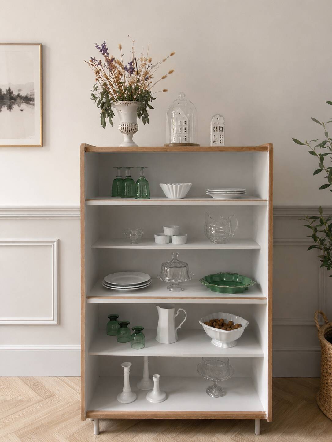 Vintage library in oak veneer, pearl grey interior, metal legs.