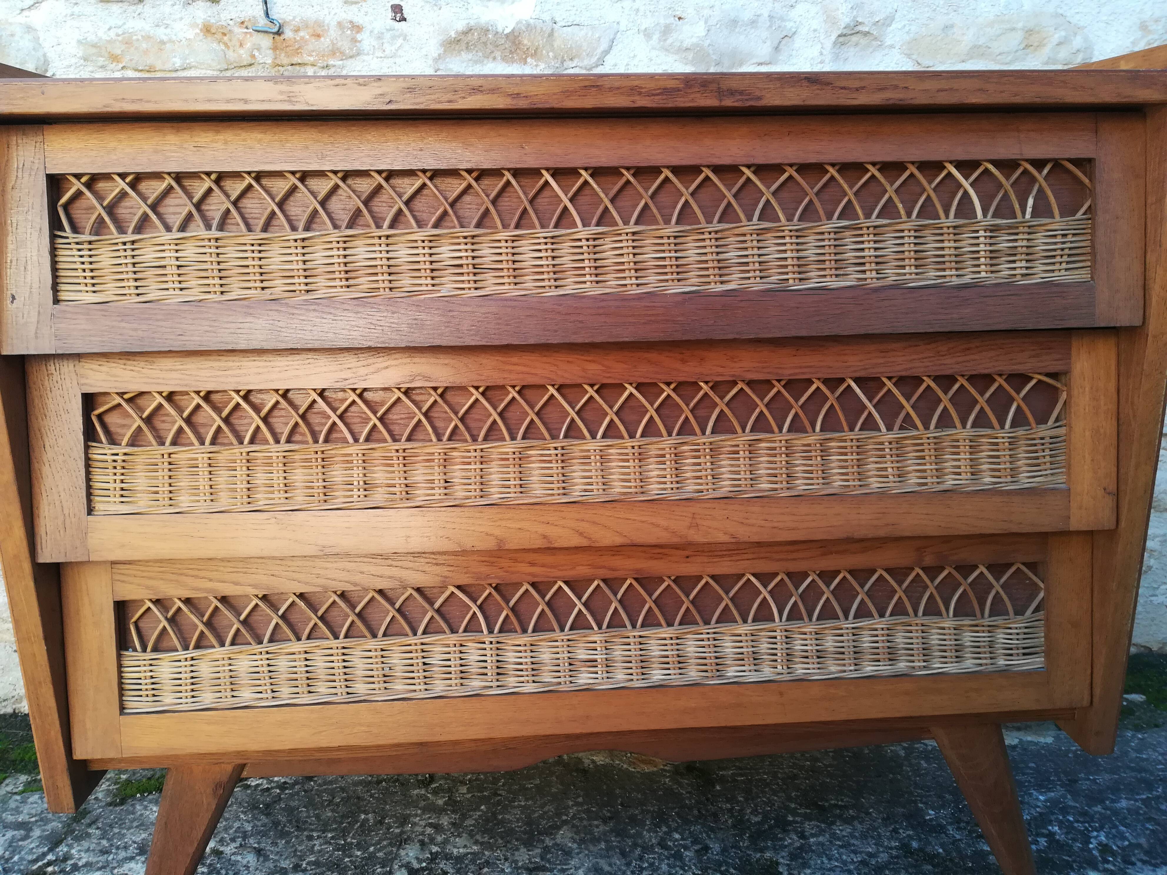 Vintage rattan and oak chest of drawers