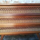 Vintage rattan and oak chest of drawers