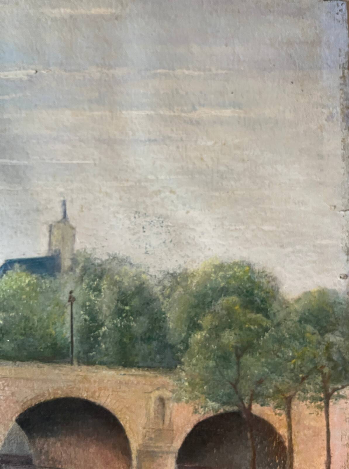 Tableau HSP "Bridge of Paris the Lovers" Notre Dame signed around 1950