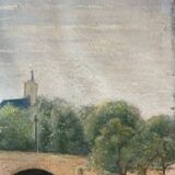 Tableau HSP "Bridge of Paris the Lovers" Notre Dame signed around 1950