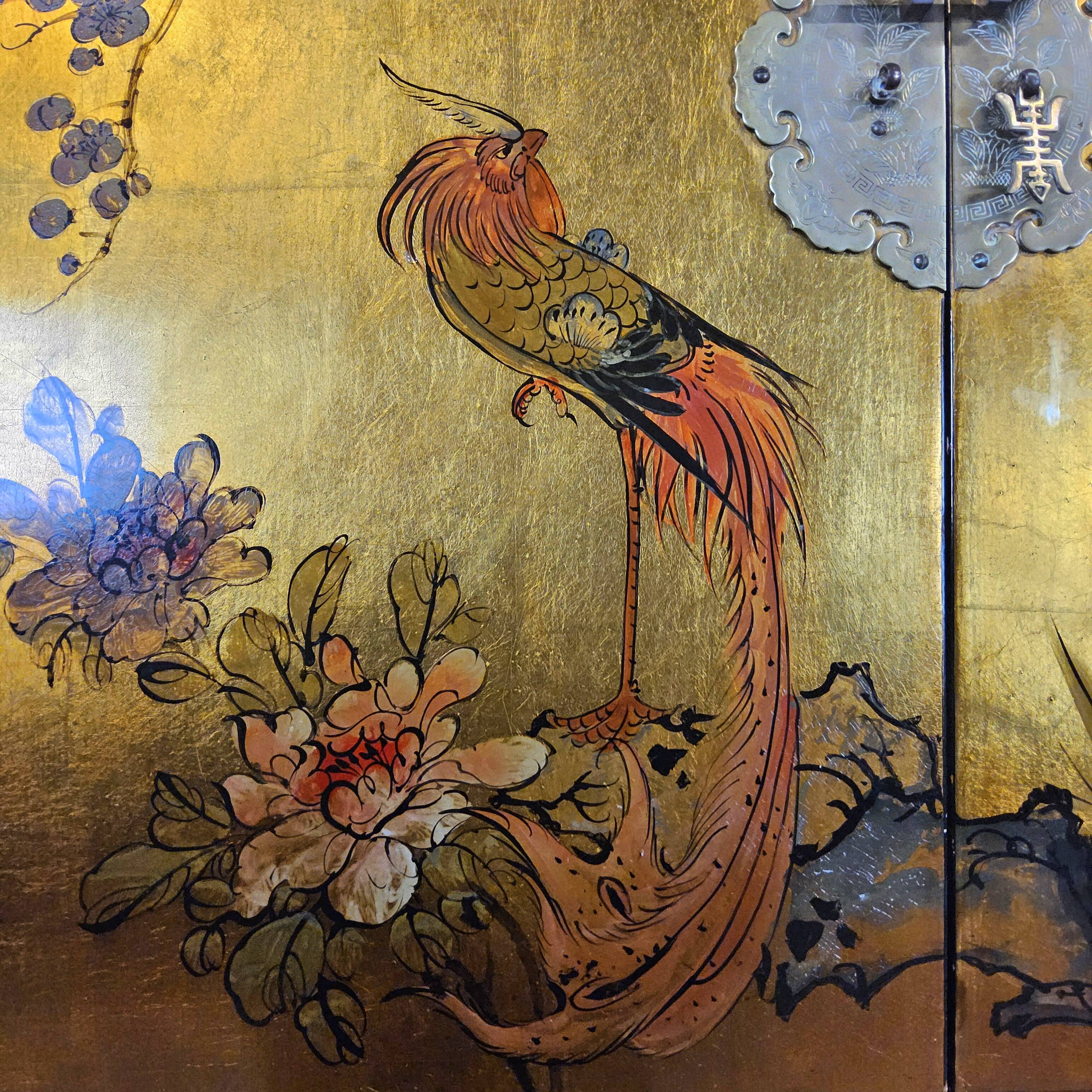 Vintage Chinese cabinet gold leaf / flowers and birds / bohemian