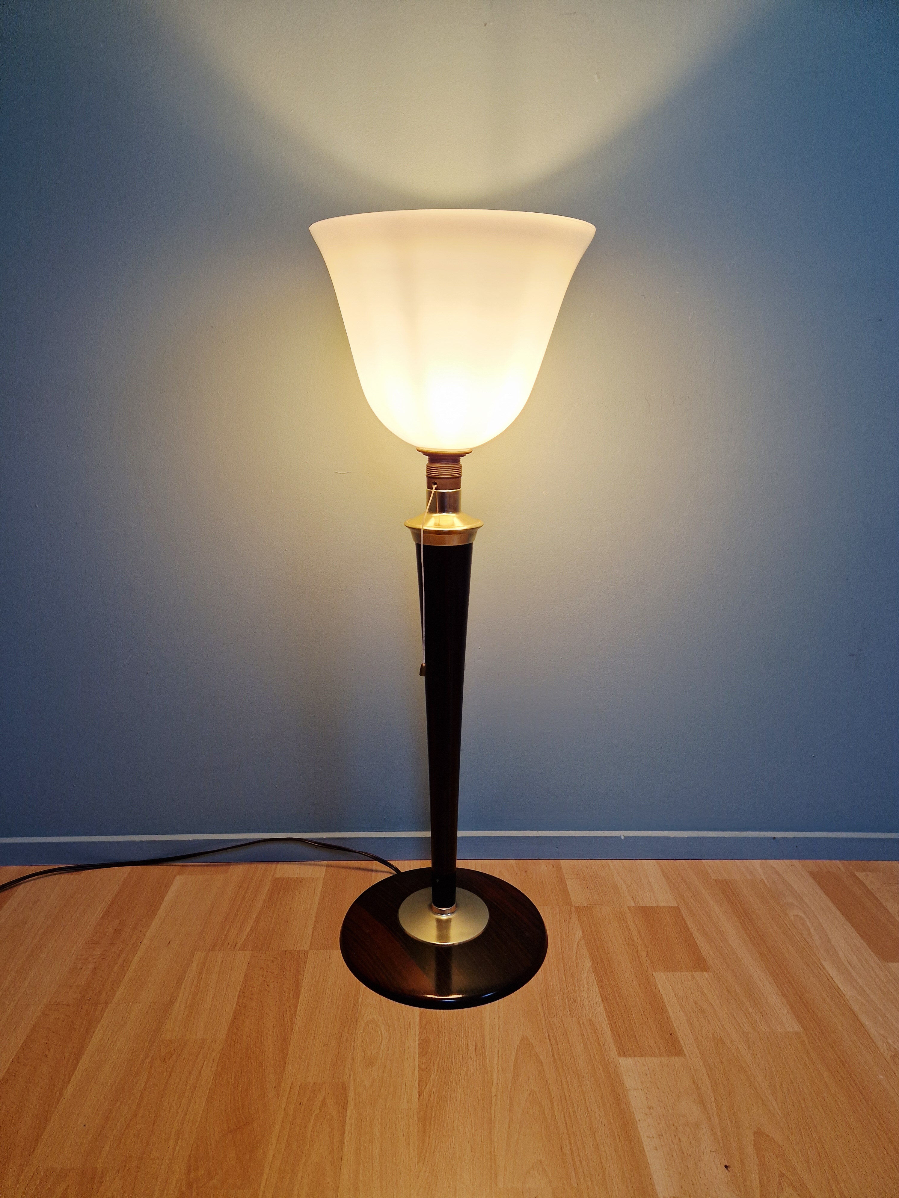 Large Art Deco Mazda lamp in wood, brass, and white opaline, 1930.