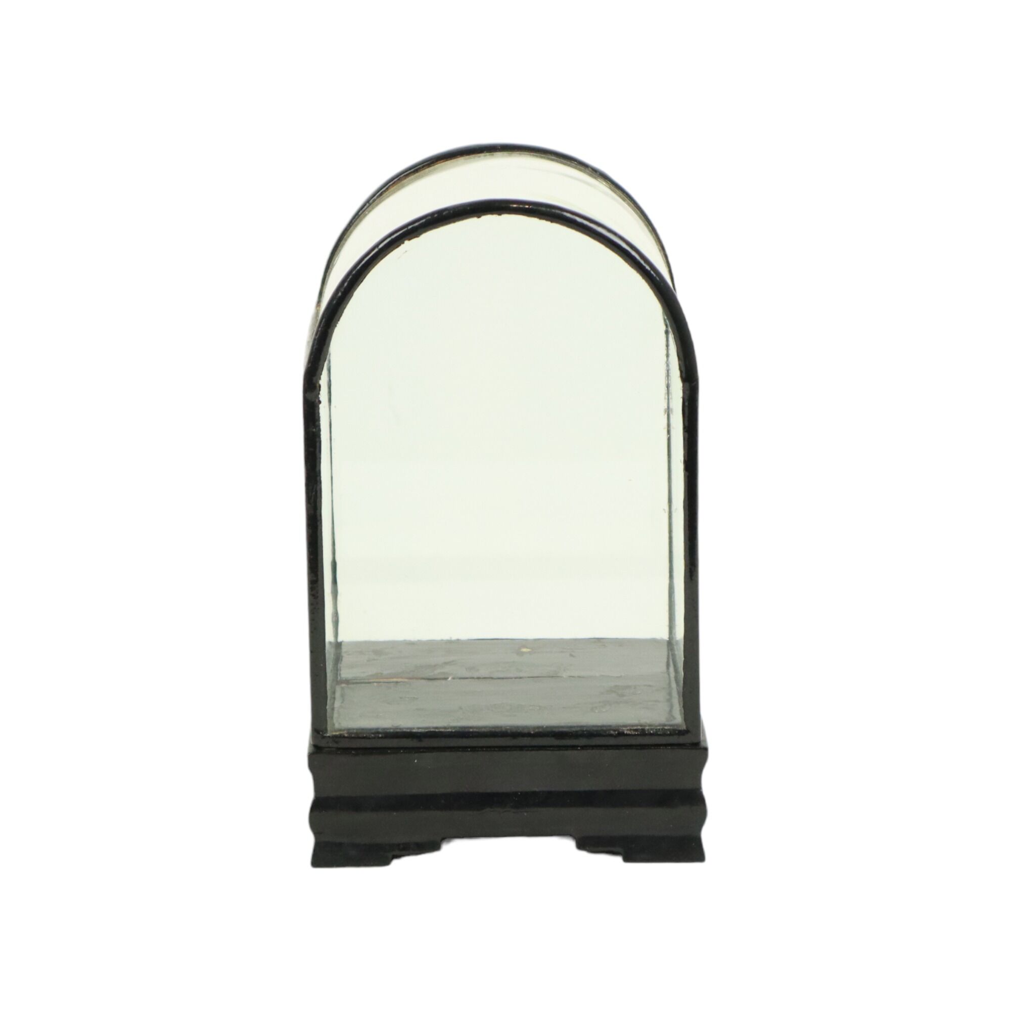 Small ancient chinese bell jar display curved glass black wooden base 21cm