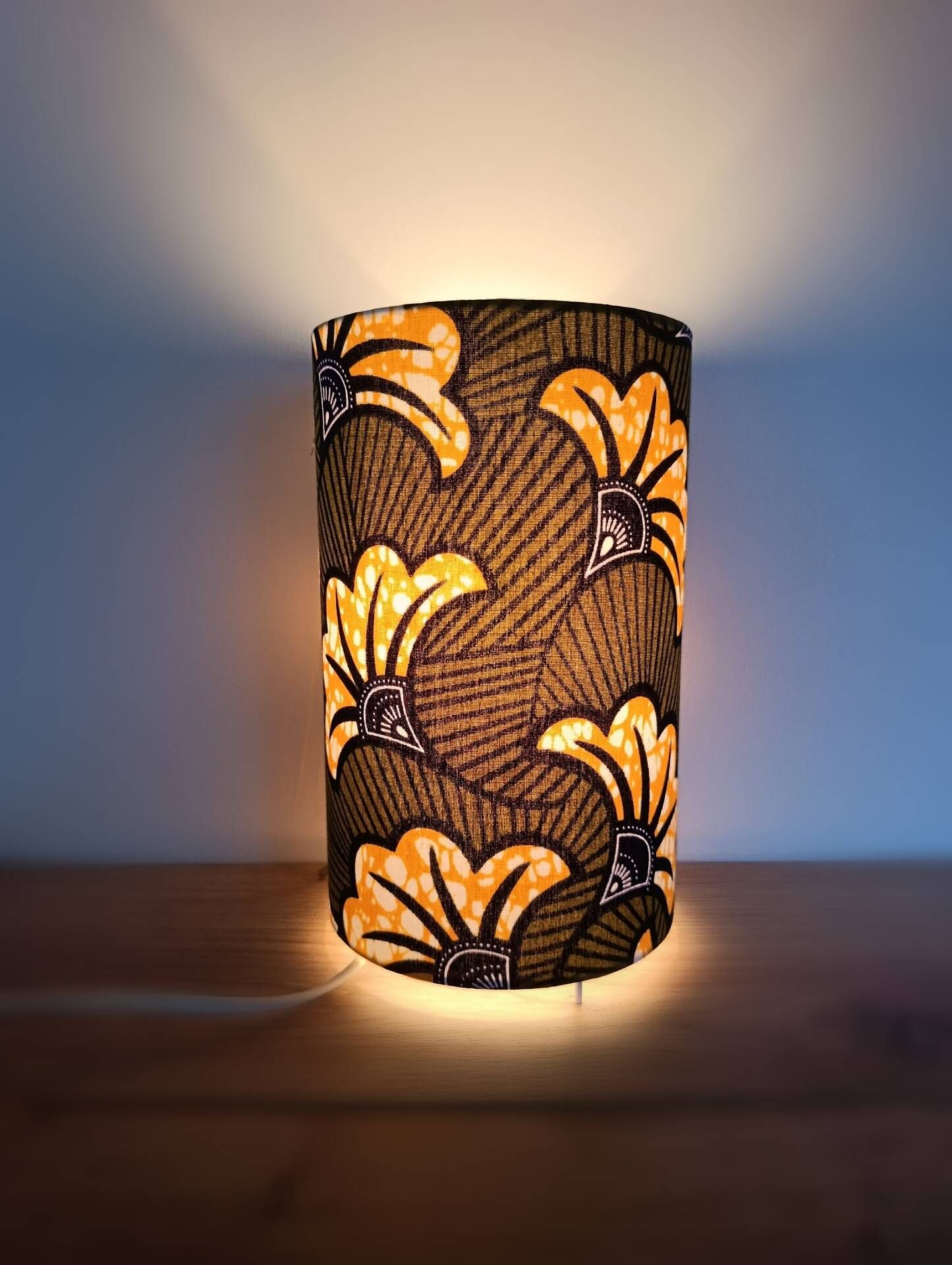 Olive green/yellow ethnic printed flower wax tube lamp