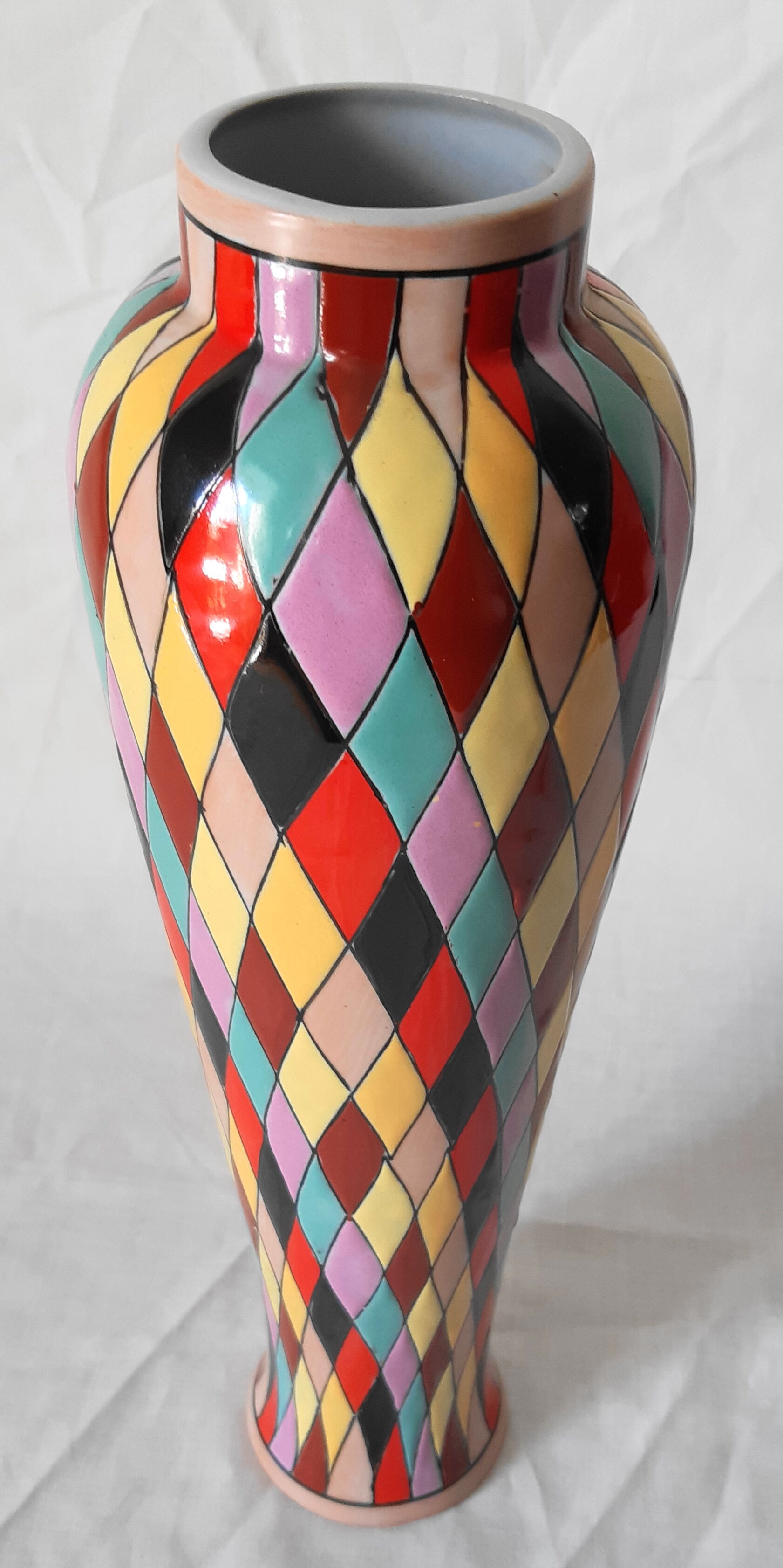 Italian ceramic vase with harlequin decor from the 50s