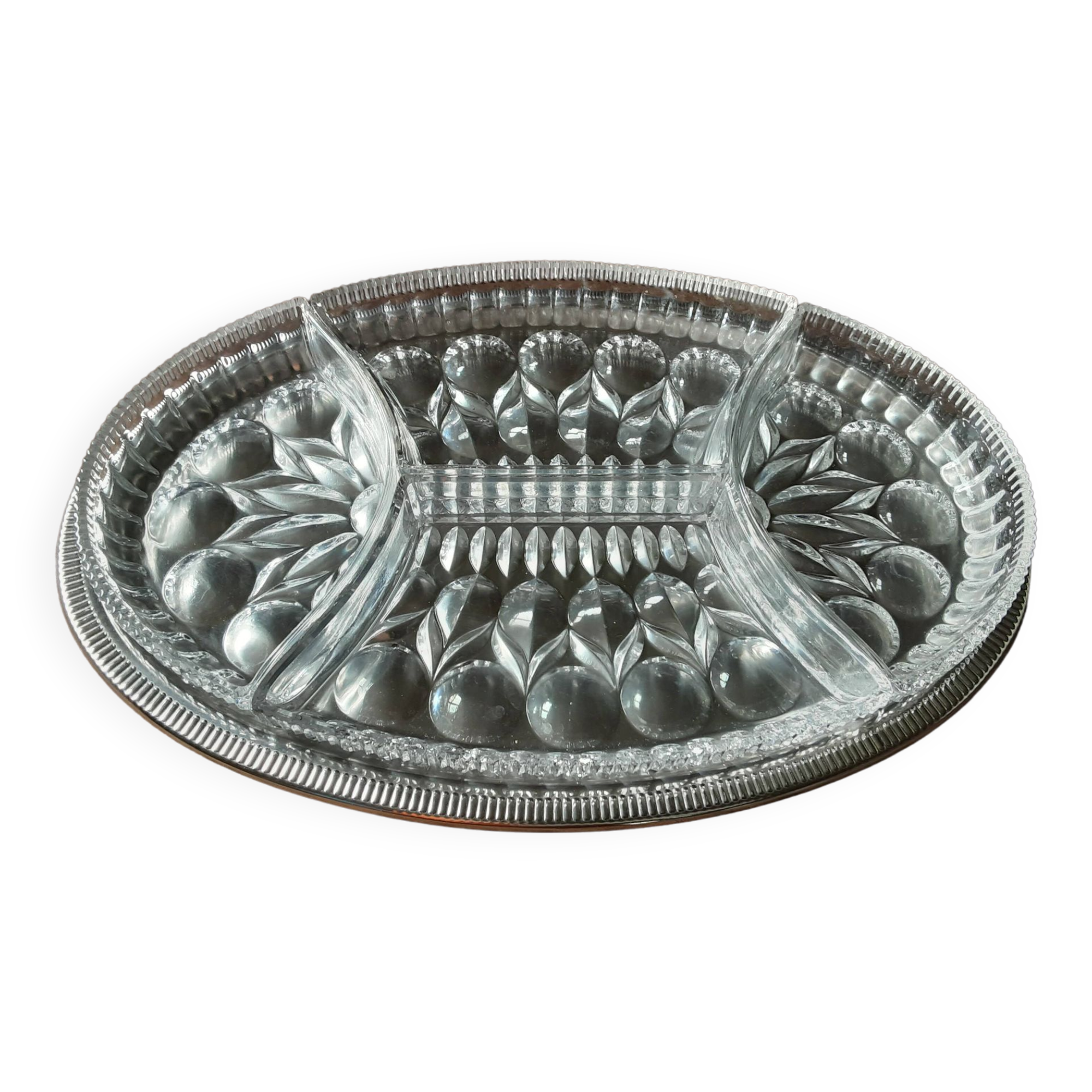 Metal dish with crystal compartments