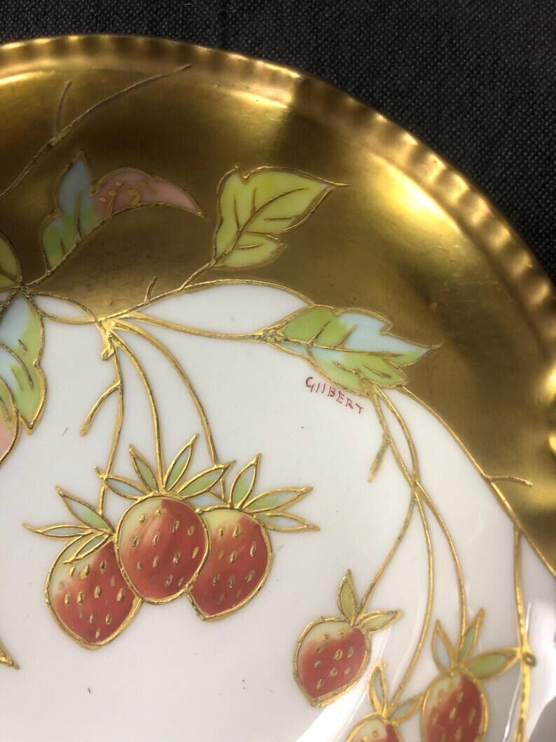 Five Antique Limoges Porcelain Berry Plates: Hand-Painted Gilbert, Gilded