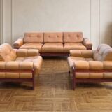 Czechoslovak Vintage Leather Living Room Set, Attributed to Dřevotvar, 1970