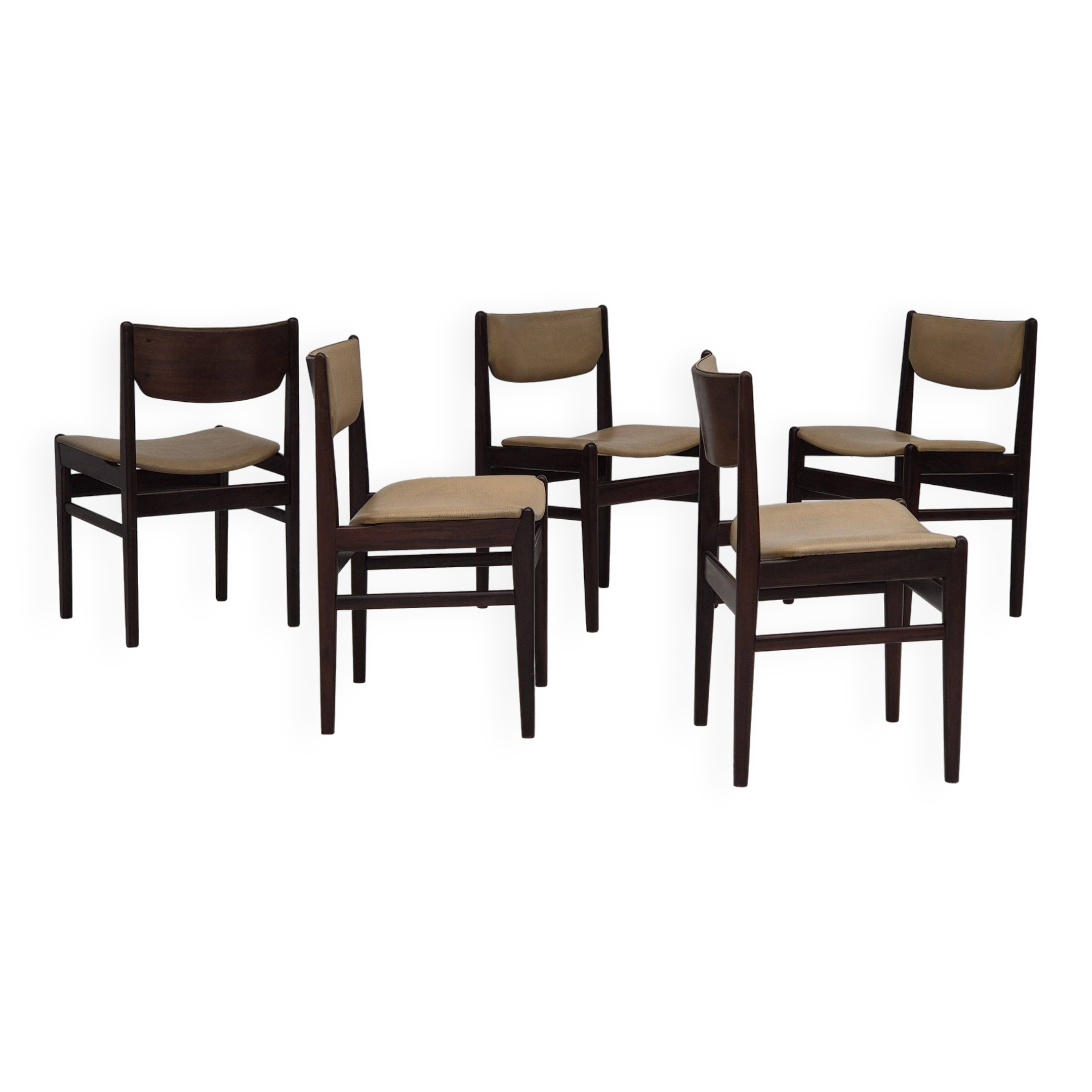 1970s, set of 5 Danish dinning chairs, original condition, teak wood, leather.
