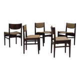 1970s, set of 5 Danish dinning chairs, original condition, teak wood, leather.