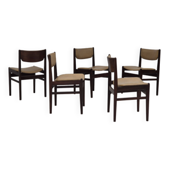 Années 1970, ensemble de 5 chaises à manger danoises, état d'origine, bois de teck, cuir.