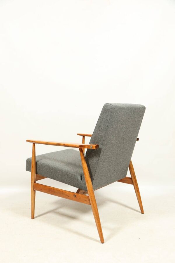 Fauteuil vintage rénové en revêtement laine couleur graphite