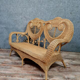Bohemian bench has 2 wicker seats around 1970