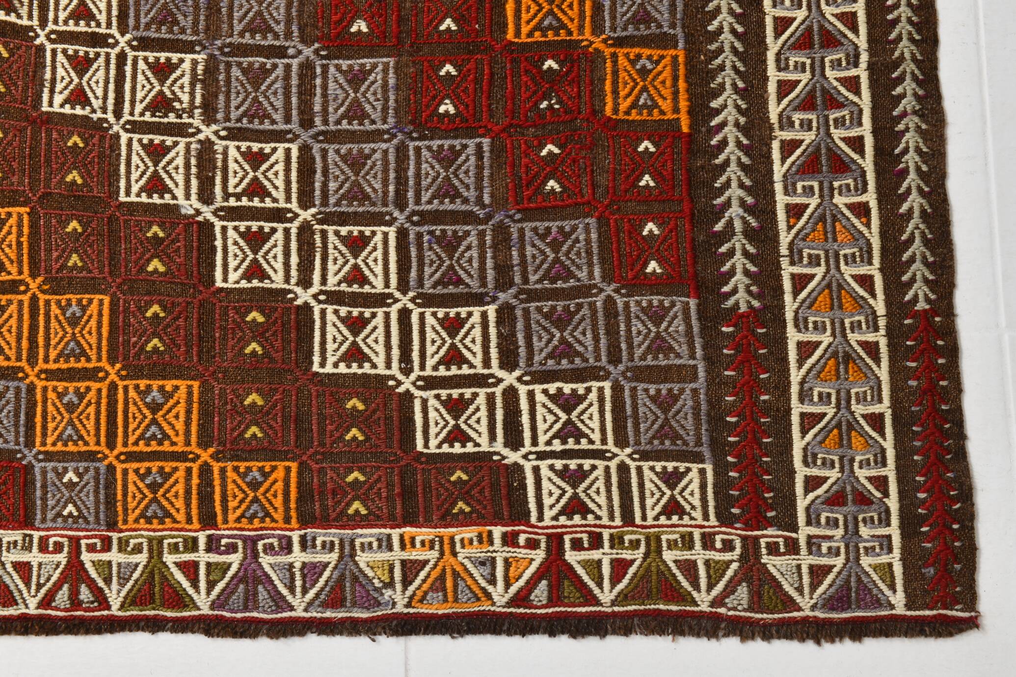 Deep Burgundy & Mustard Yellow Star Pattern Turkish Kilim Rug, 145x282 Cm