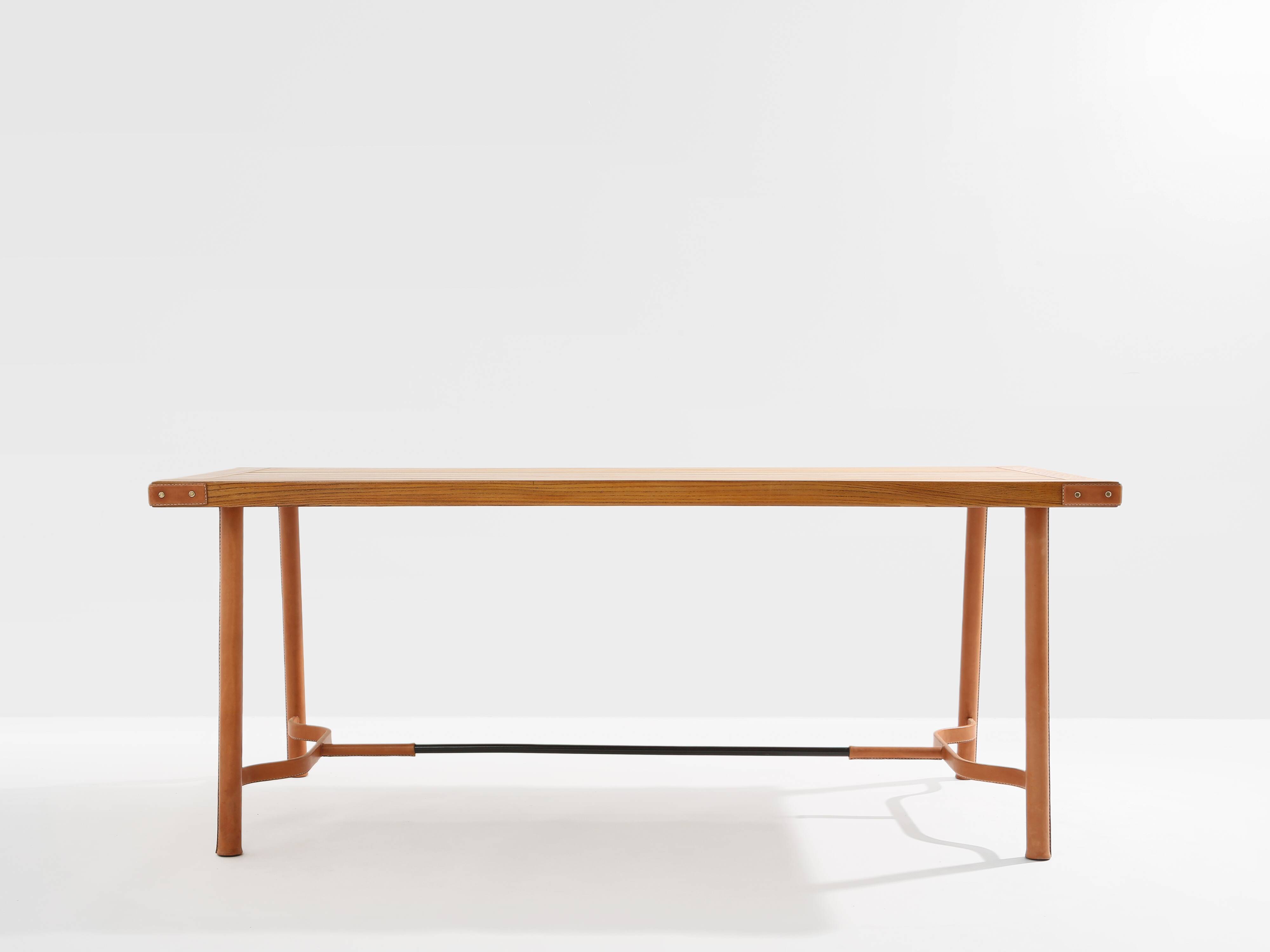 Jacques Adnet dining table oak red leather brass 1950